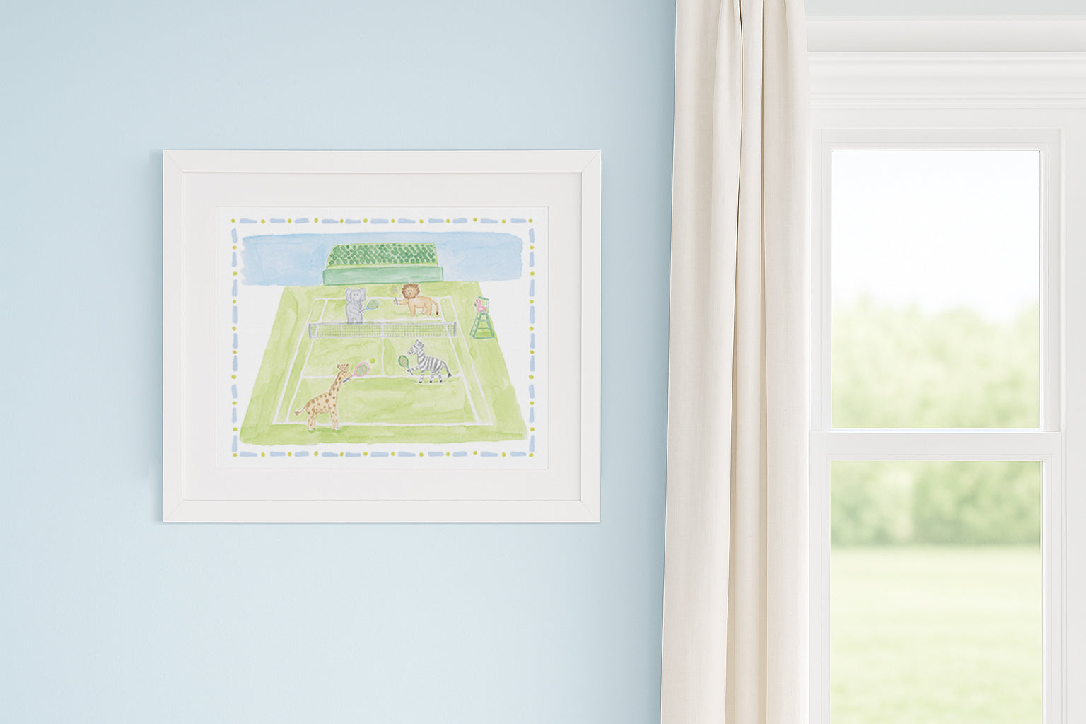 framed tennis artwork for children in a nursery