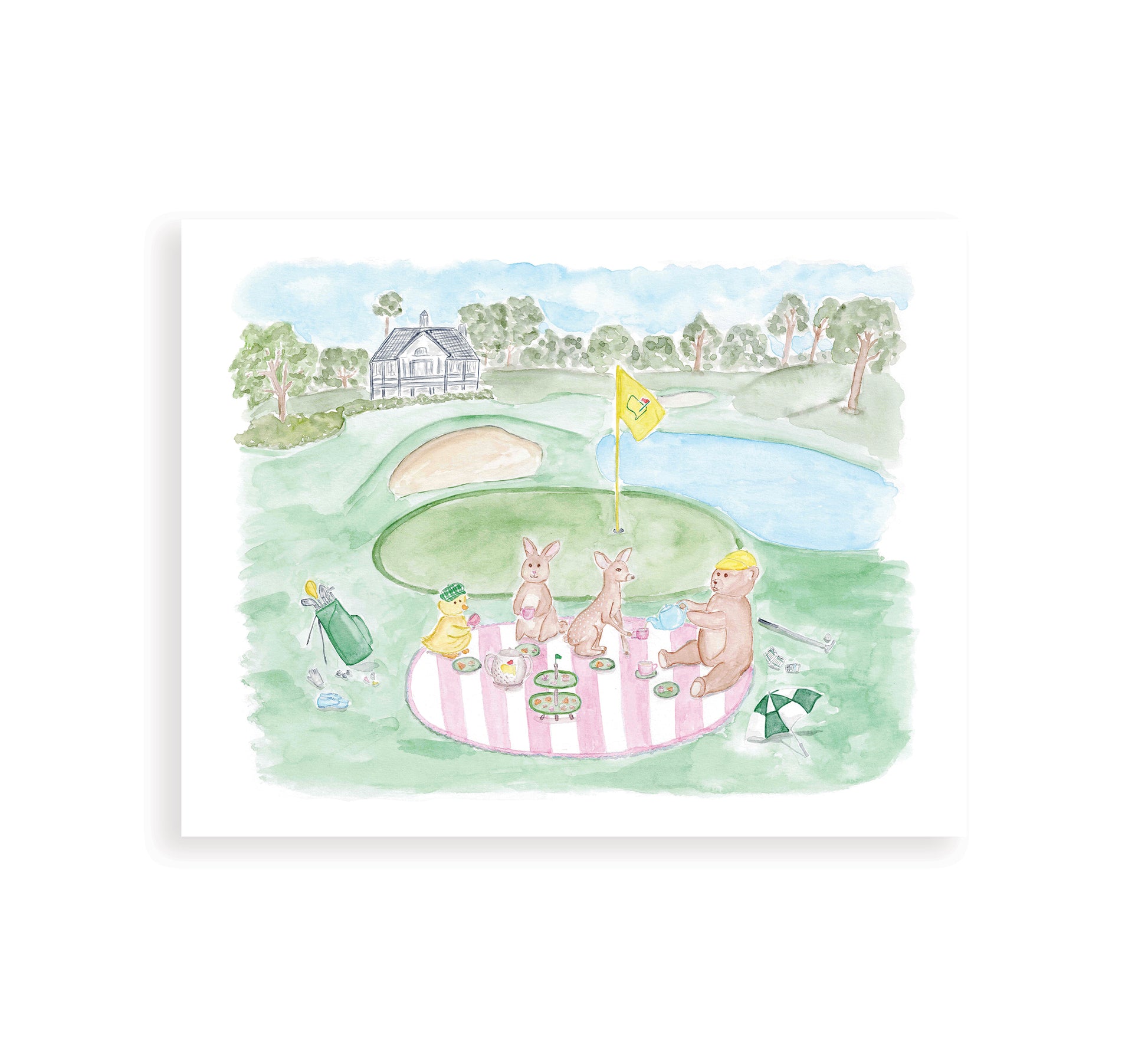 golfing animals on pink picnic blanket nursery print