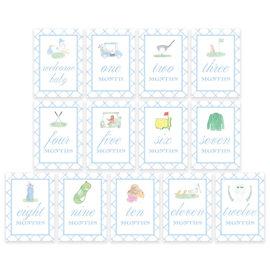 Golf-Themed Baby Monthly Milestone Cards - Watercolor Monthly Milestone Set for Babies