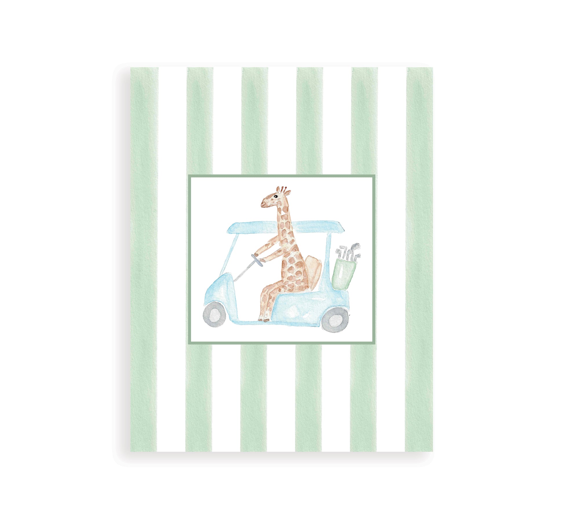 Watercolor art print of a giraffe riding in a golf cart, with vertical green stripes in the background.