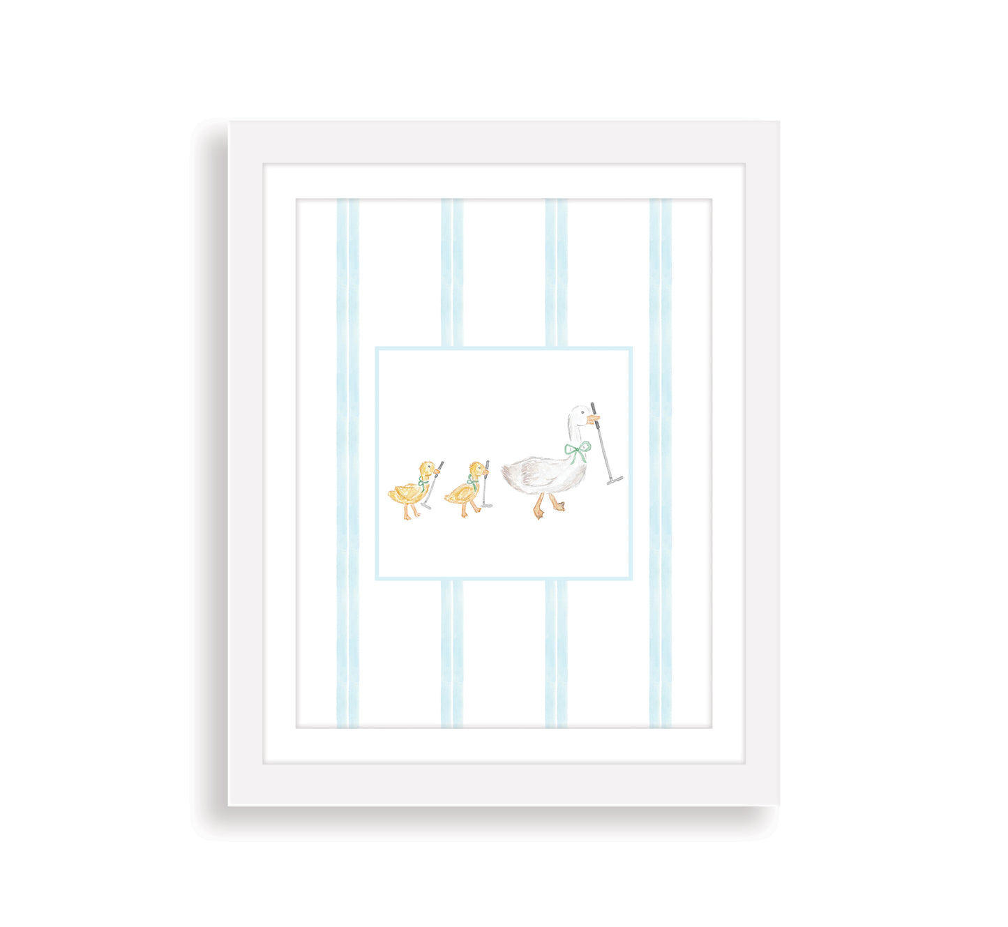 golfing mother and baby goose with blue stripes in a white frame