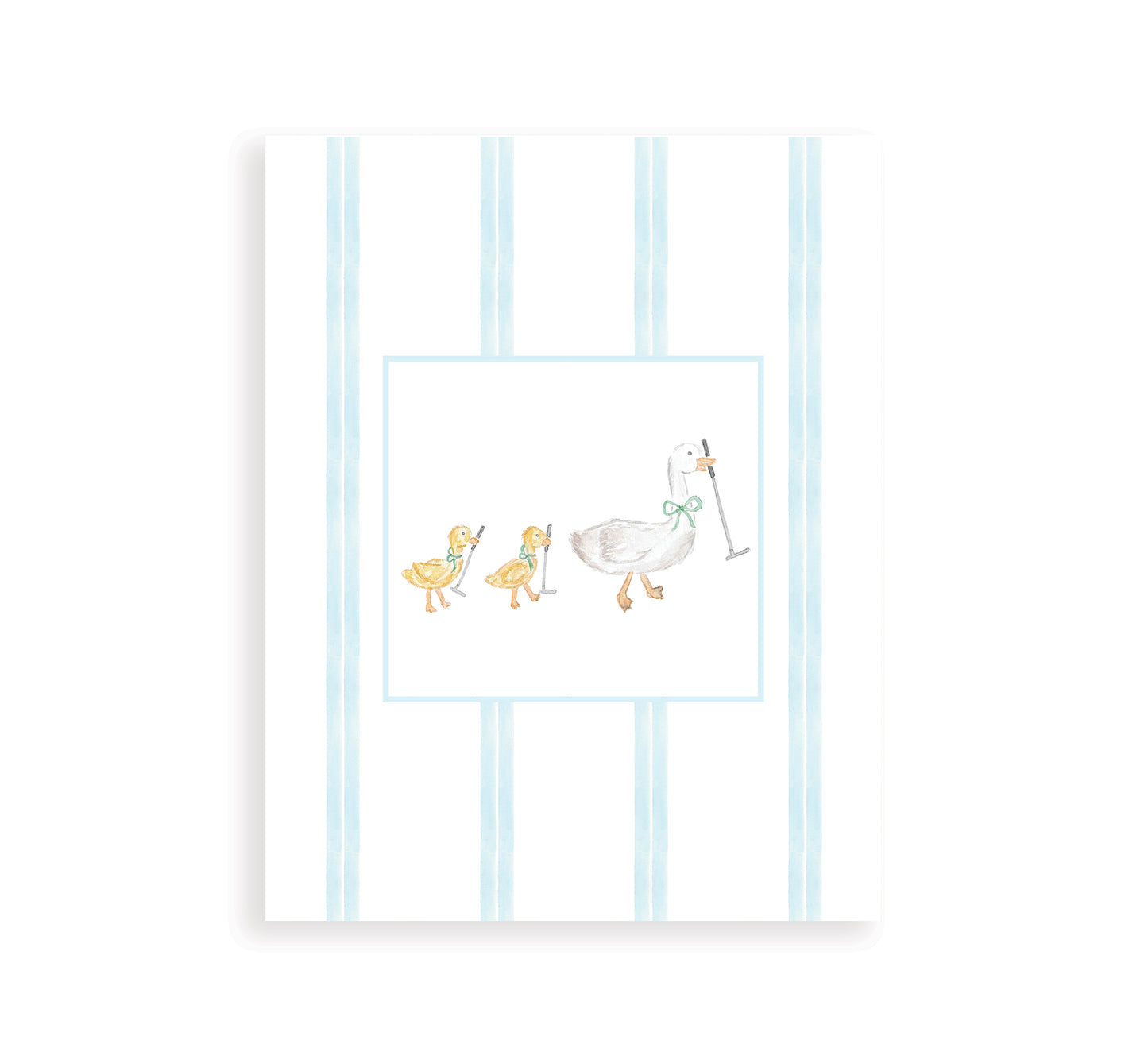 golfing mother and baby goose with blue stripes in a white frame