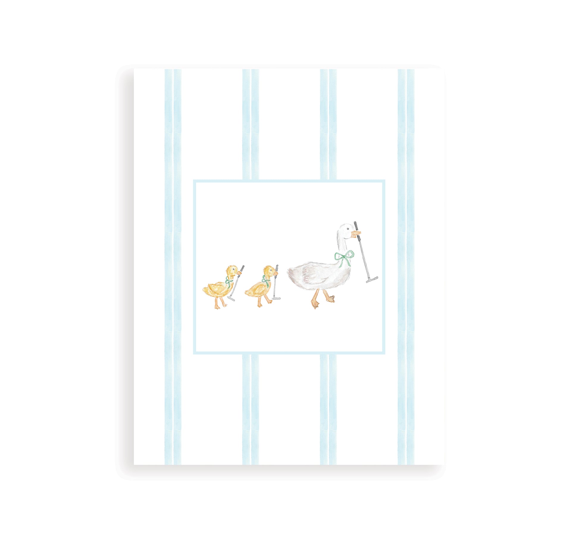 golfing mother and baby goose with blue stripes in a white frame