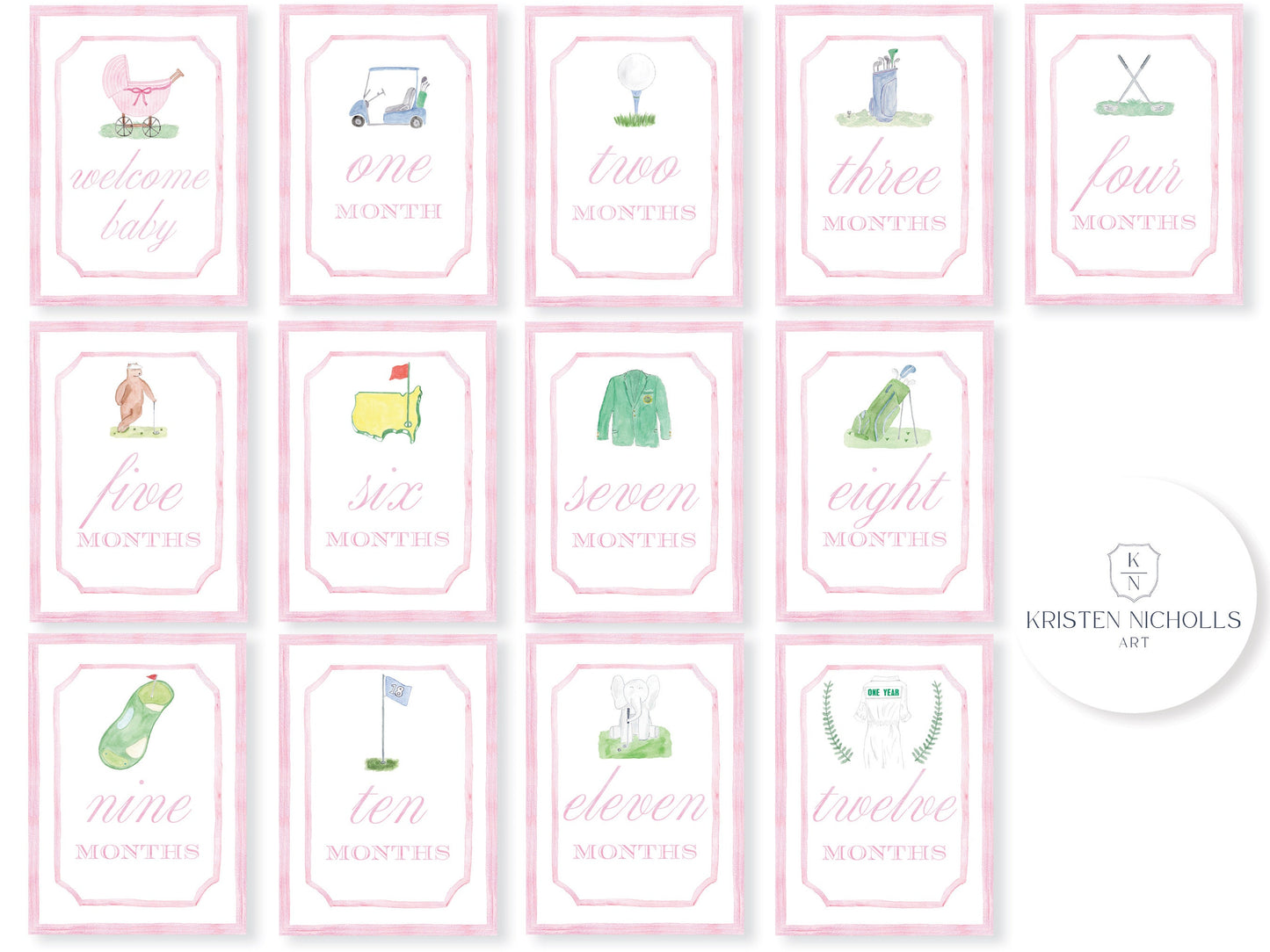 Pink Golf Monthly Milestone Cards for Baby