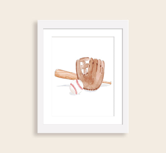 Baseball, Glove, and Bat Watercolor Art Print