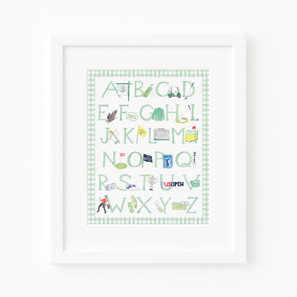 Framed golf alphabet artwork with on a white background