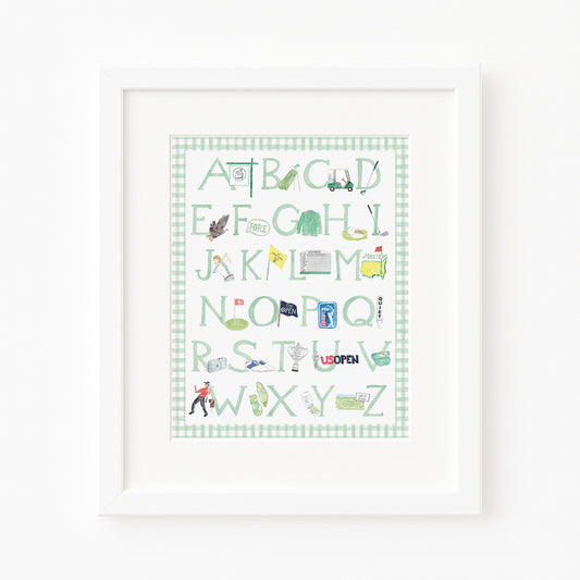 Framed golf alphabet artwork with on a white background