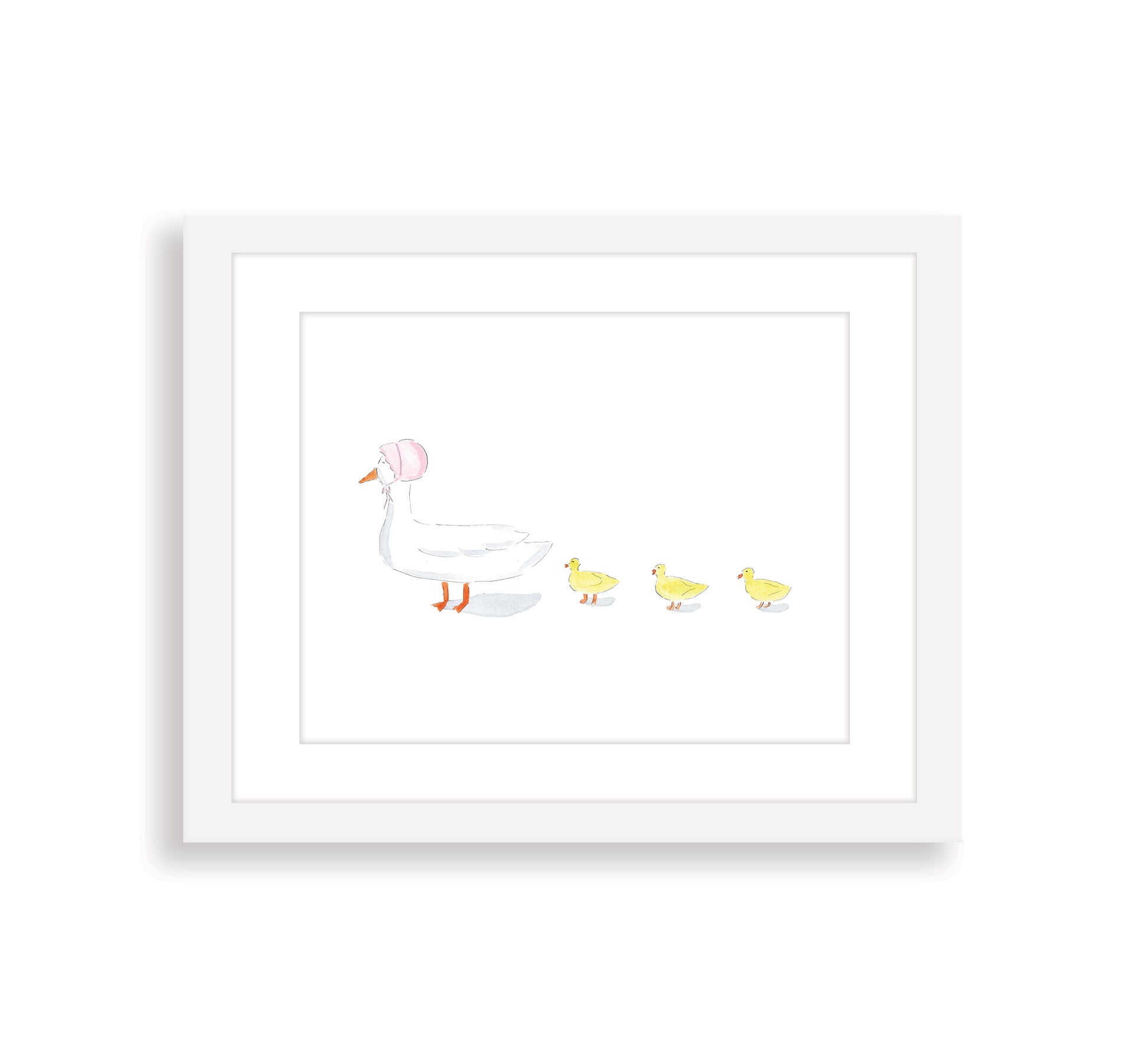 Framed artwork of a mother goose/duck with three ducklings on a white background
