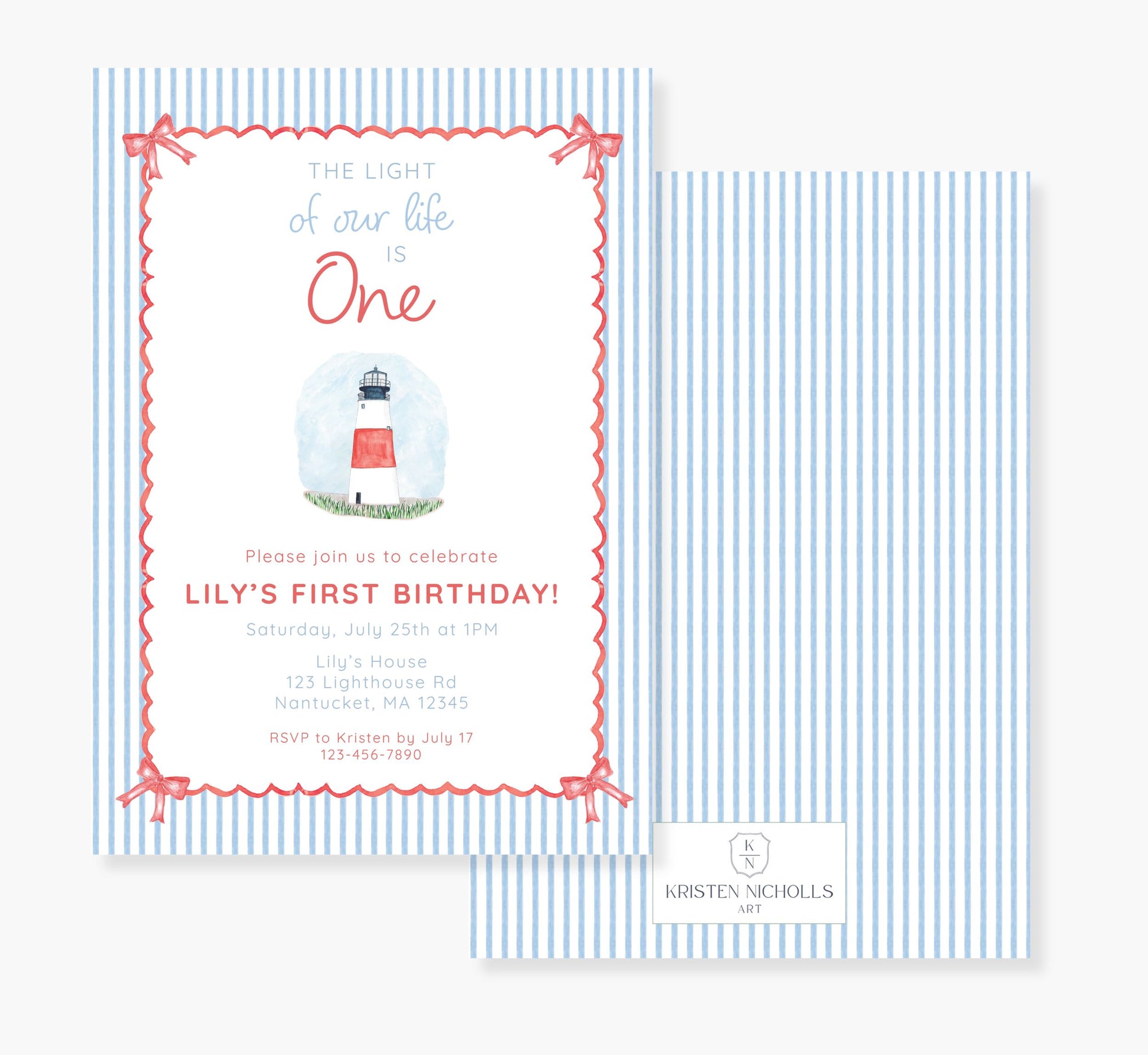blue, white, and red nantucket party invitation