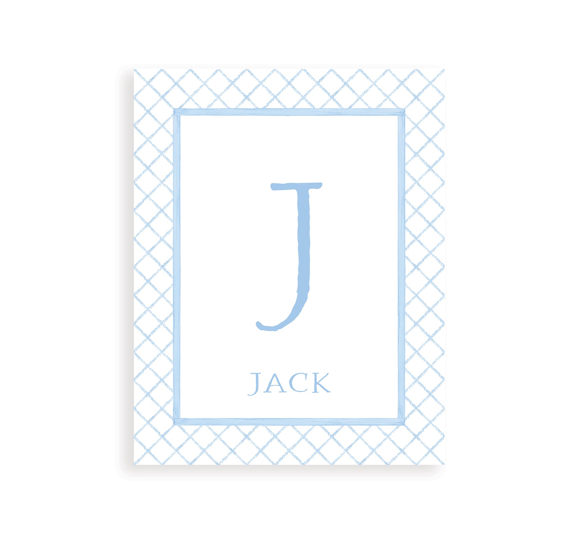 Art print with a blue letter and name on a white background with a preppy blue pattern