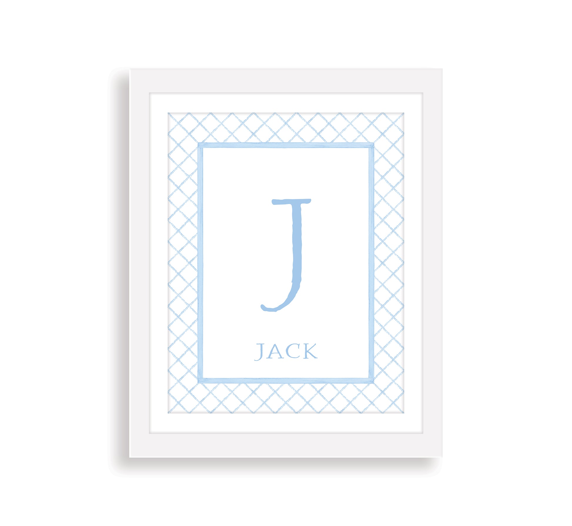 Framed print with a blue letter and name on a white background with a preppy blue pattern
