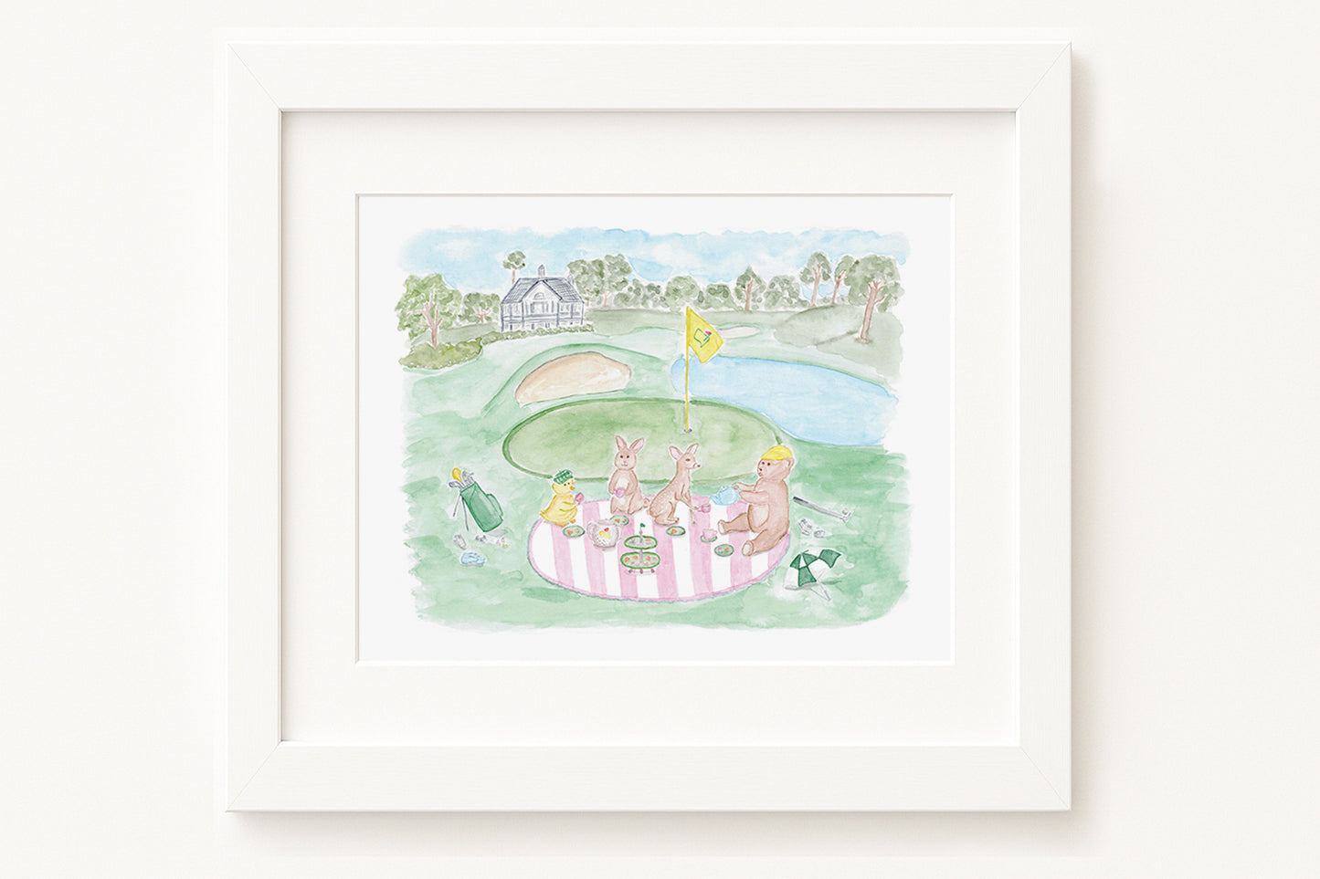 Framed artwork of a golf course scene with people and a pink tent.