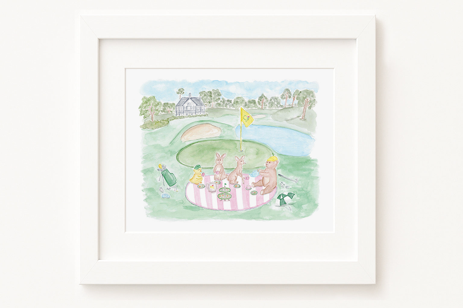 Framed artwork of a golf course scene with people and a pink tent.
