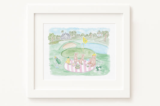 Framed artwork of a golf course scene with people and a pink tent.