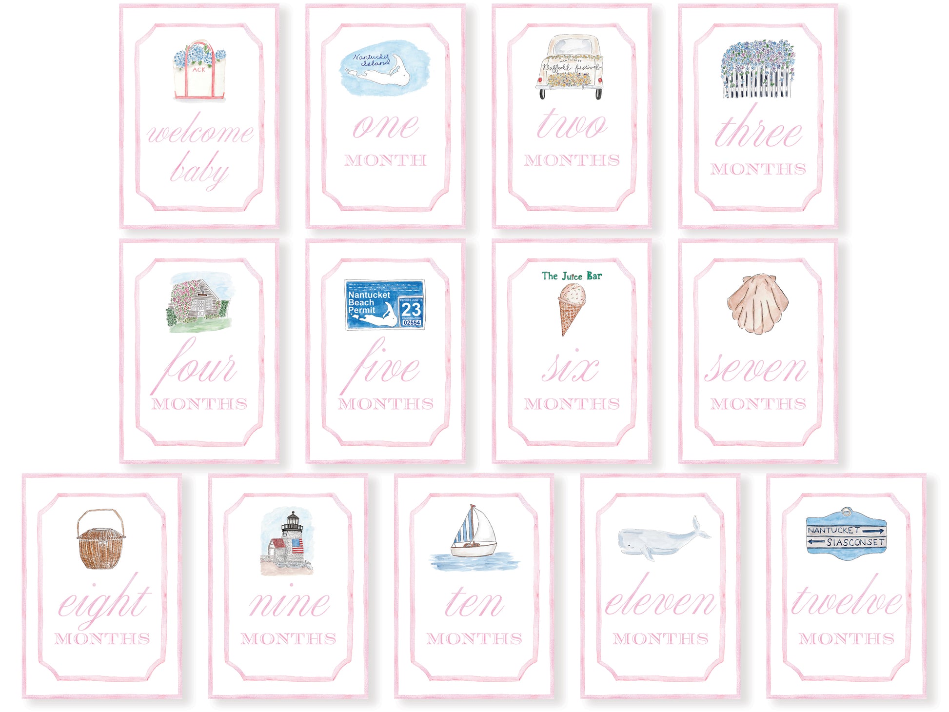 pink nantucket baby monthly milestone cards