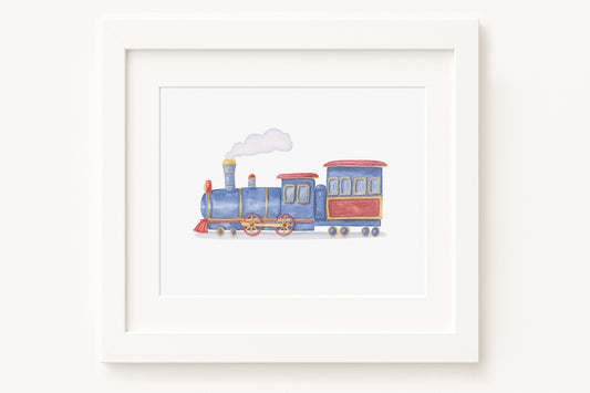 Framed illustration of a colorful train on a white background