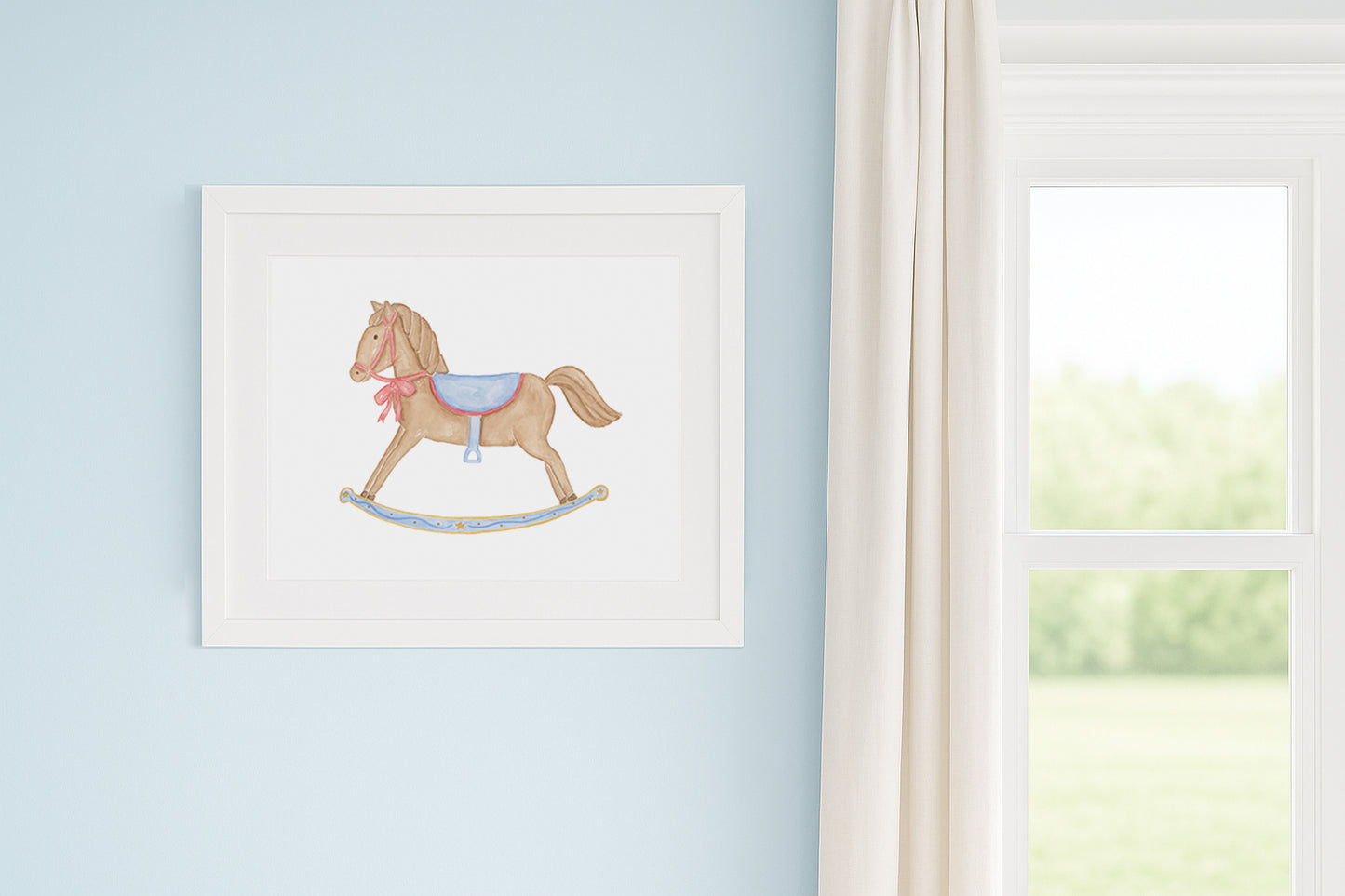 Framed illustration of a rocking horse on a light blue wall.
