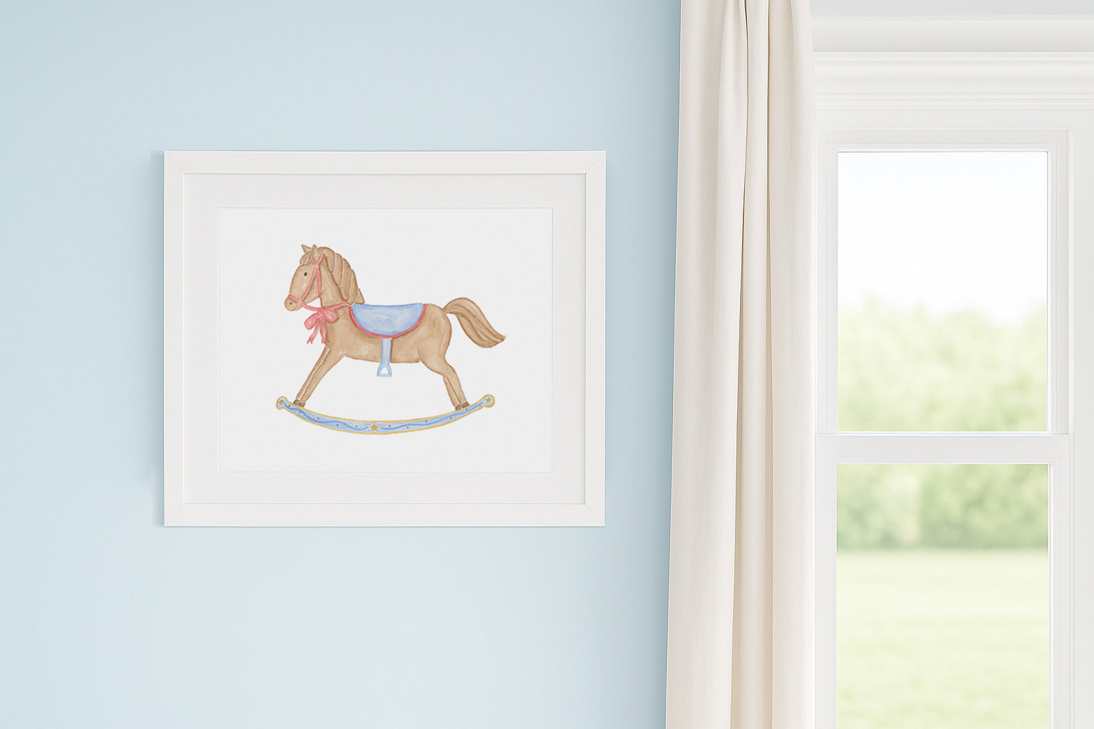 Framed illustration of a rocking horse on a light blue wall.