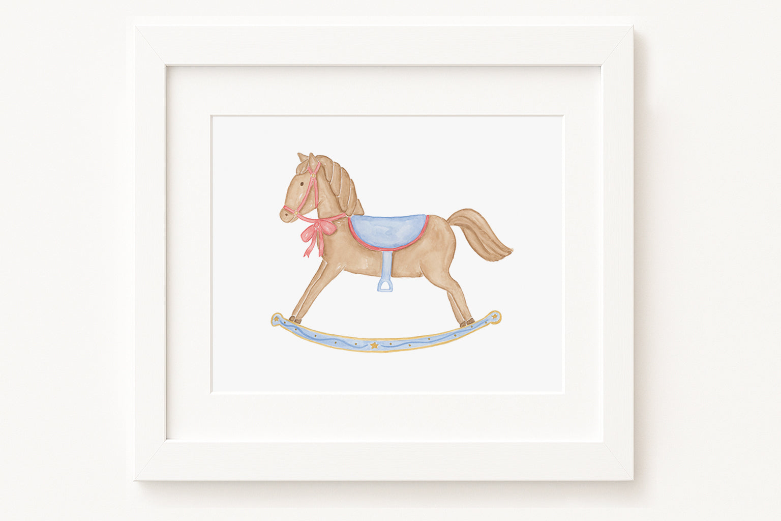 Framed illustration of a rocking horse on a white background