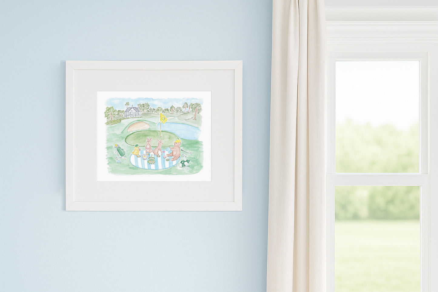 Framed artwork of a golfing animals on a light blue wall.
