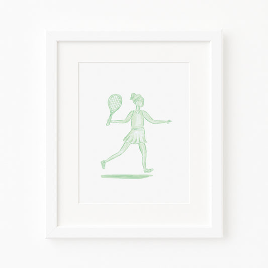 Green Tennis Girl Watercolor Toile Art Print