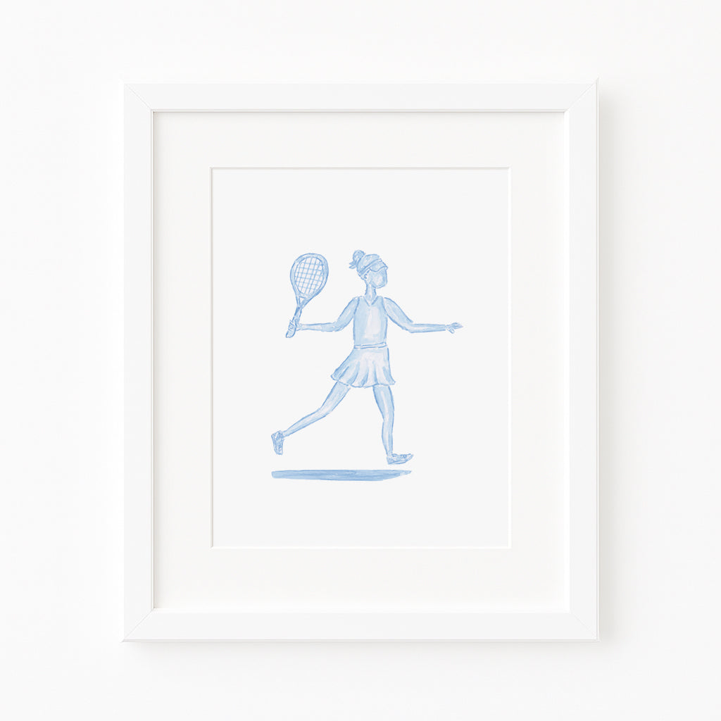 Blue Tennis Girl Watercolor Toile Art Print