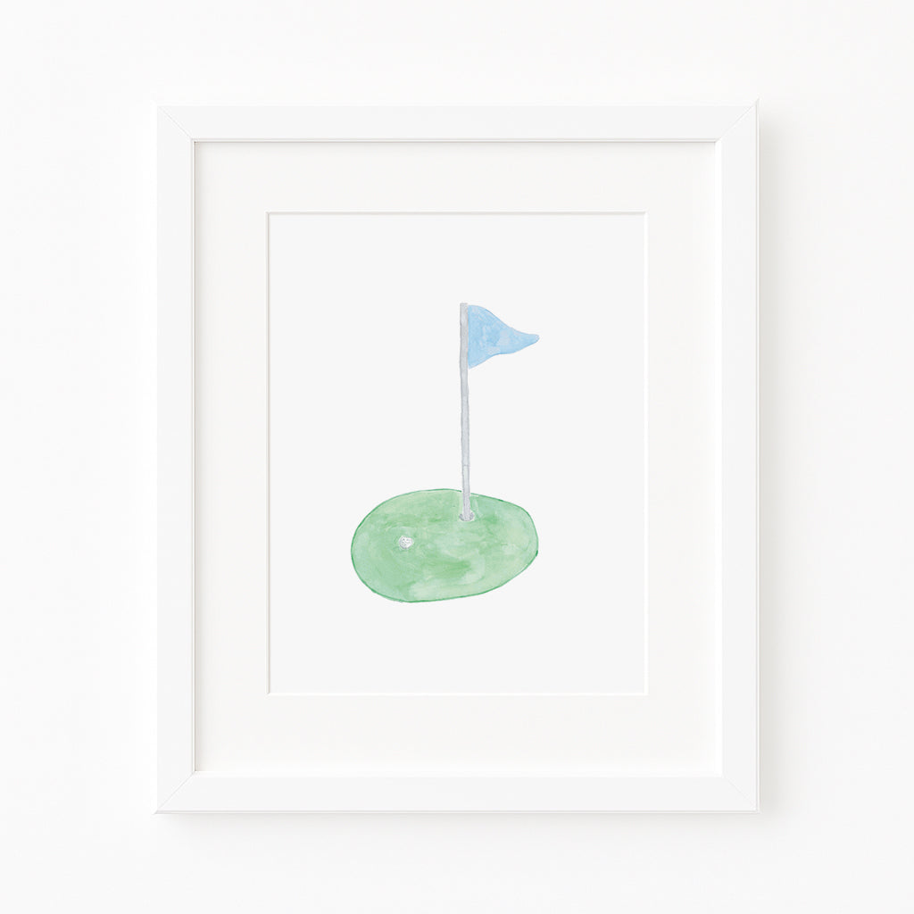 Light Blue Golf Cart, Flag, Tee and Ball Art Print