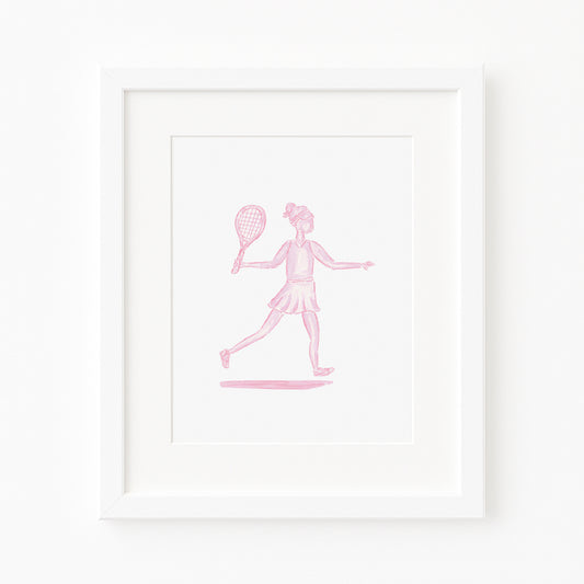 Pink Tennis Girl Watercolor Toile Art Print