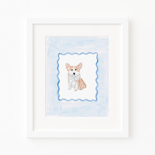 Blue Corgi Puppy Dog Watercolor Art Print
