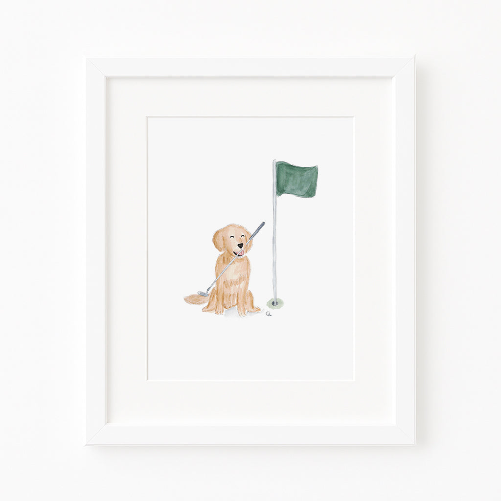 framed print of dog holding a golf club in its mouth sitting next to a golf flag