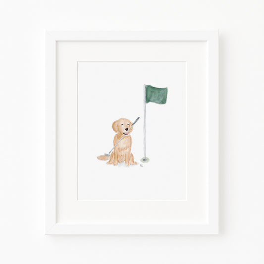 framed print of dog holding a golf club in its mouth sitting next to a golf flag