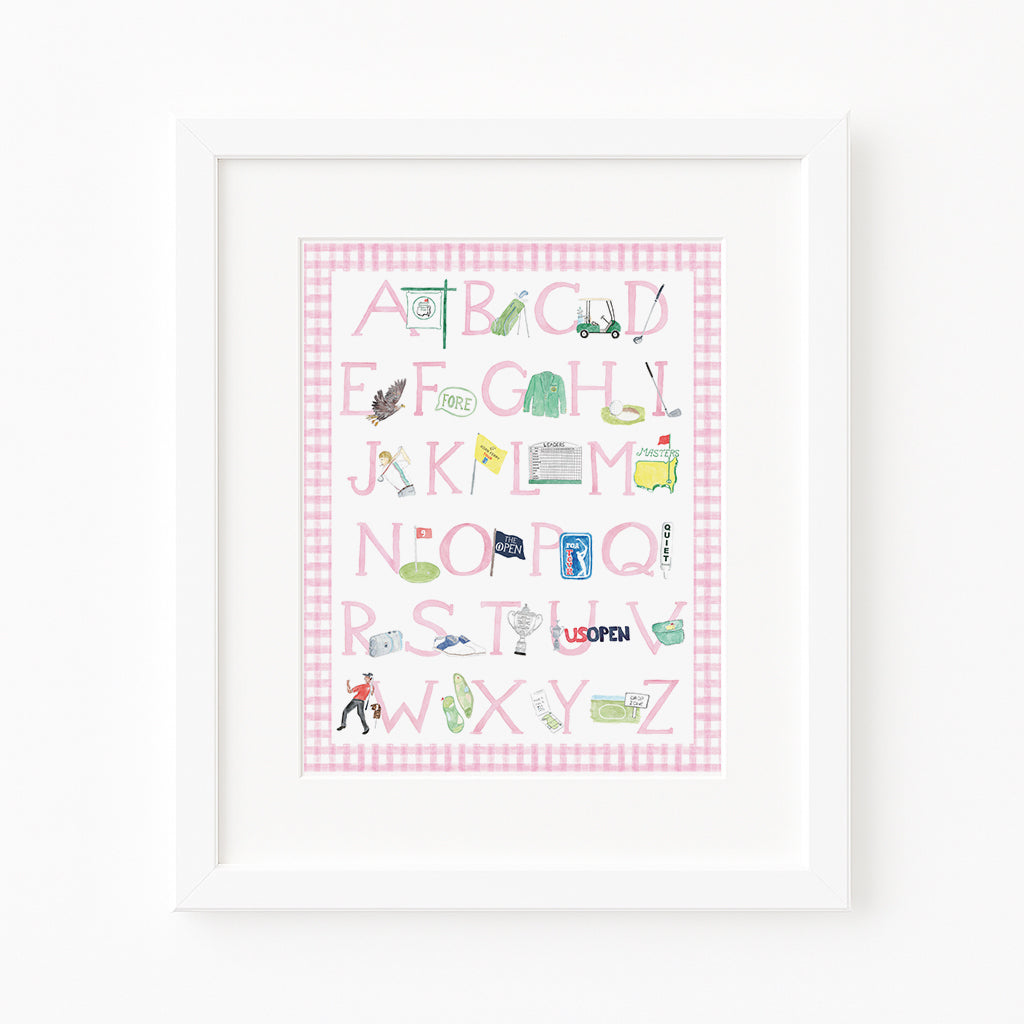 Pink "ABCs of Golf" Alphabet Print – Watercolor Golf Nursery Wall Art for Baby