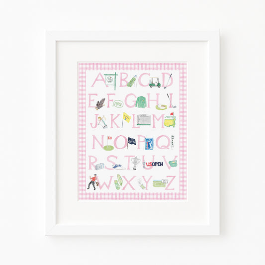 Pink "ABCs of Golf" Alphabet Print – Watercolor Golf Nursery Wall Art for Baby