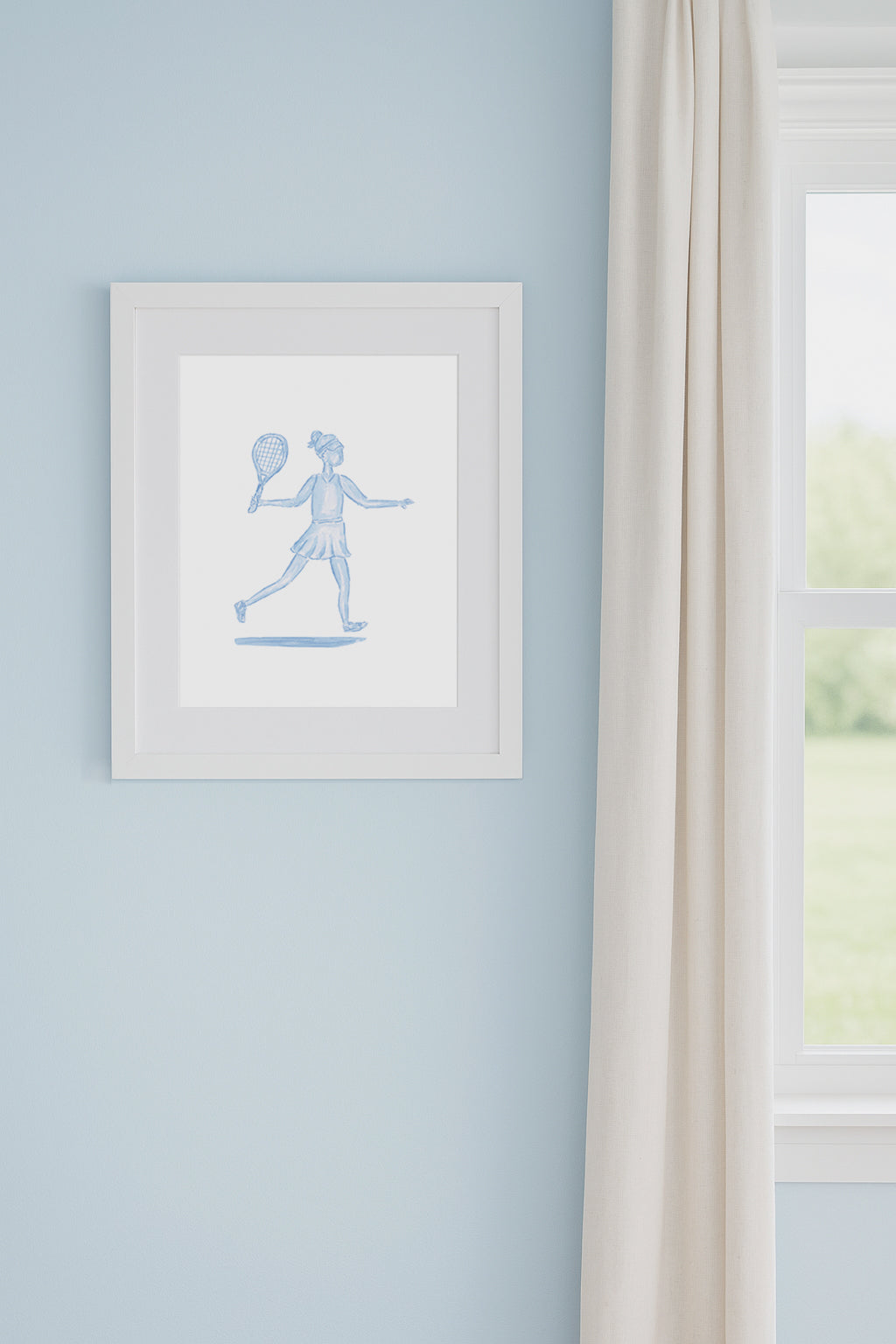 Blue Tennis Girl Watercolor Toile Art Print