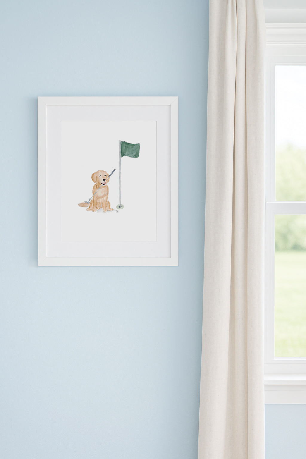 framed illustration of dog holding a golf club in its mouth sitting next to a golf flag