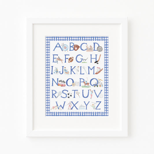 Framed sports alphabet print with illustrations on a white background