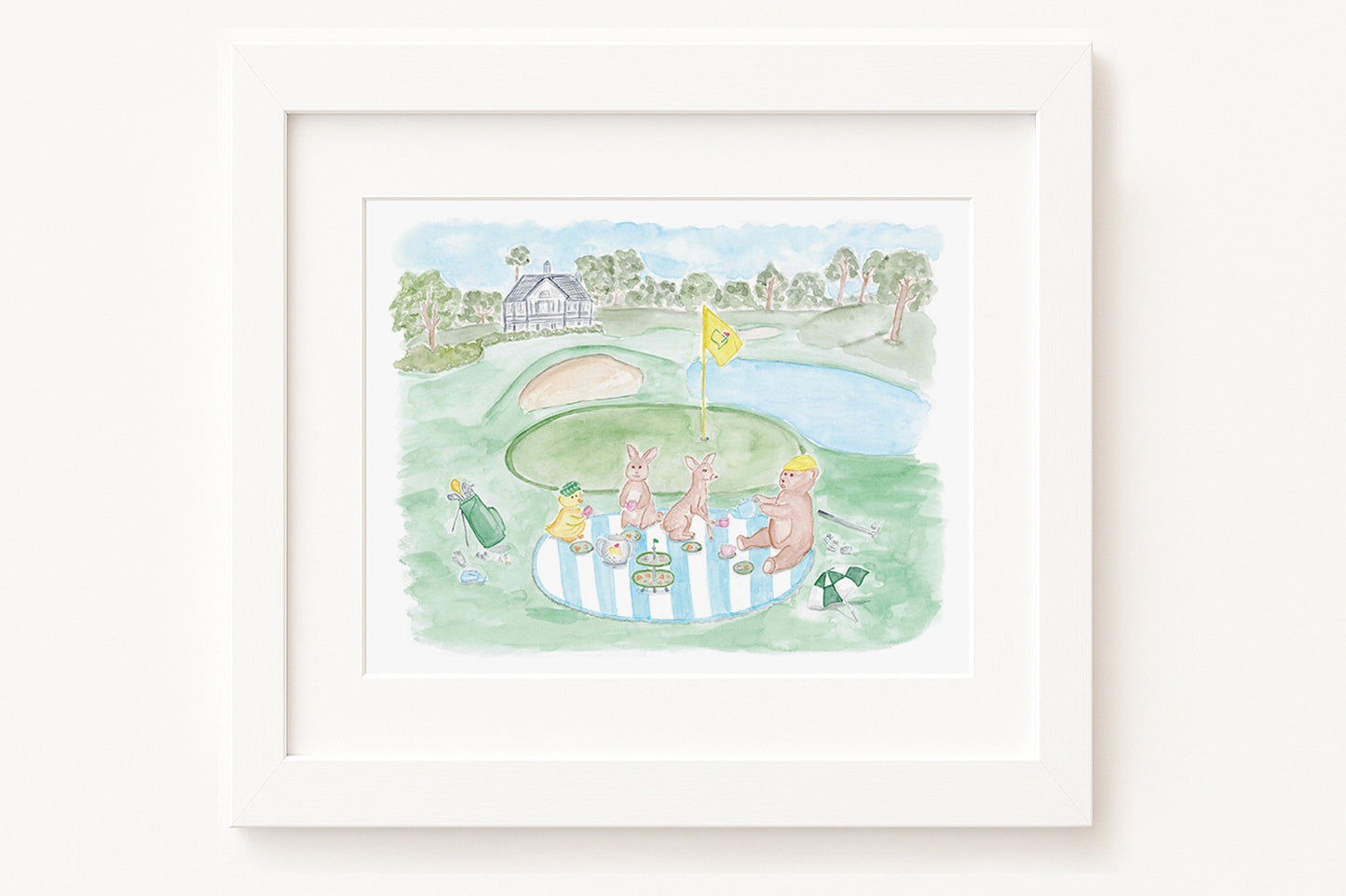 Framed artwork of golfing animals a white background