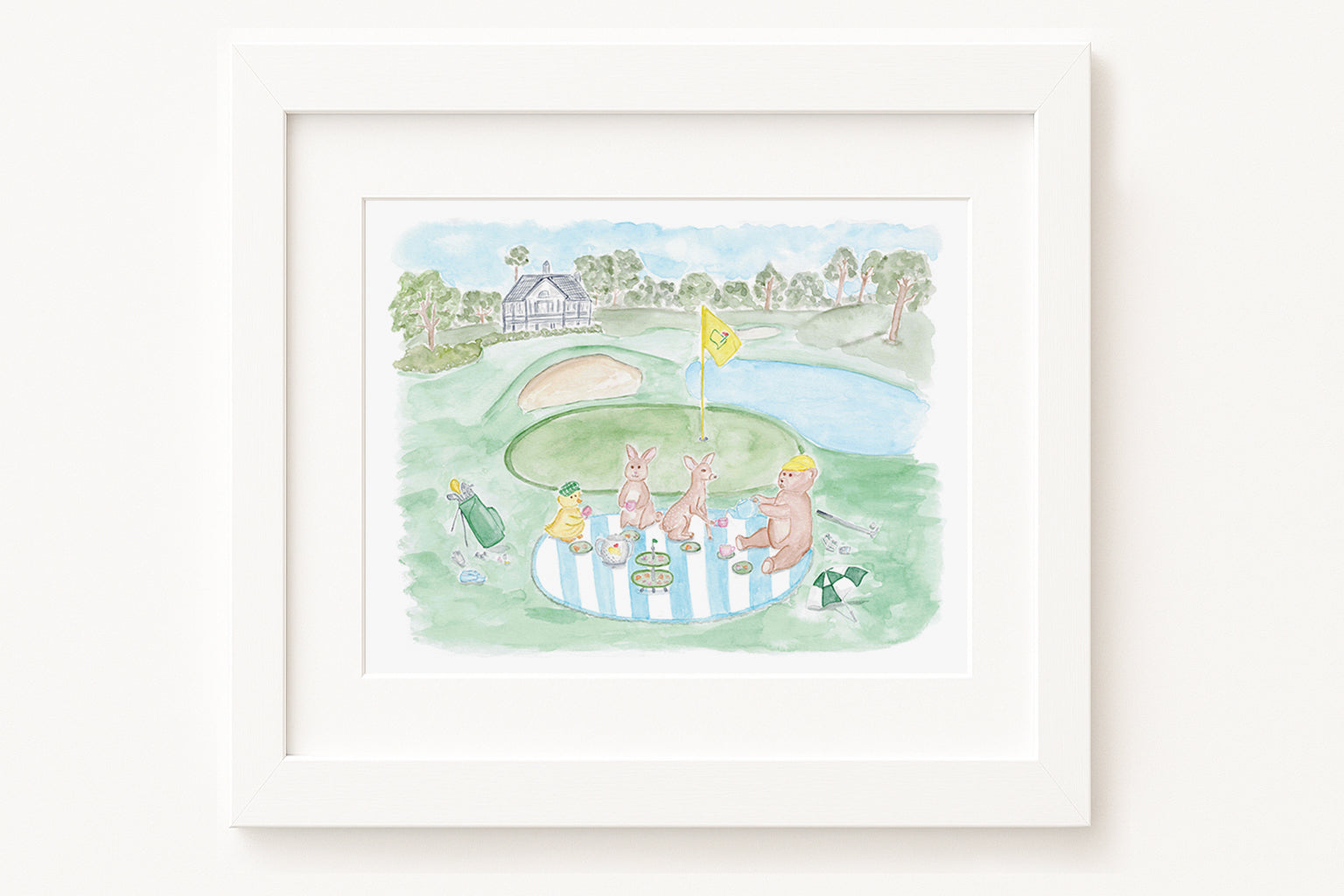 Framed artwork of golfing animals a white background