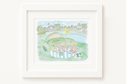 Framed artwork of golfing animals a white background