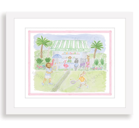 framed print of children's watercolor art tennis print